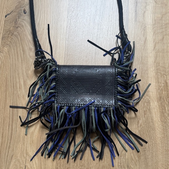 Vintage Handbags - Vintage Fringed Black Leather Crossbody Bag